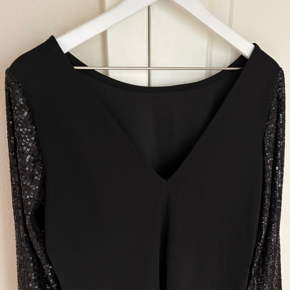 Marina Dresses Black Boatneck Midi Dress Sequin Sleeves V-Cut Back, Size 8 - Picture 8 of 8
